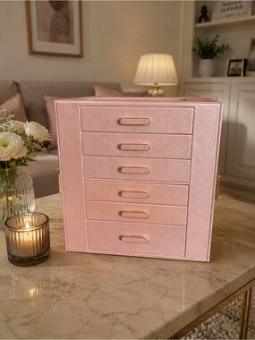 Pink Jewelry Organizer Box With Drawers & Glass Door